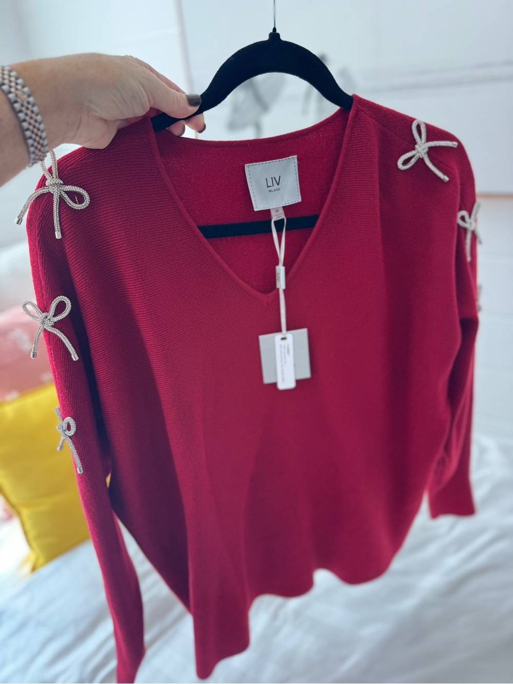 Milano Red V-Neck Sweater with Contrast Bow Sleeve Ties